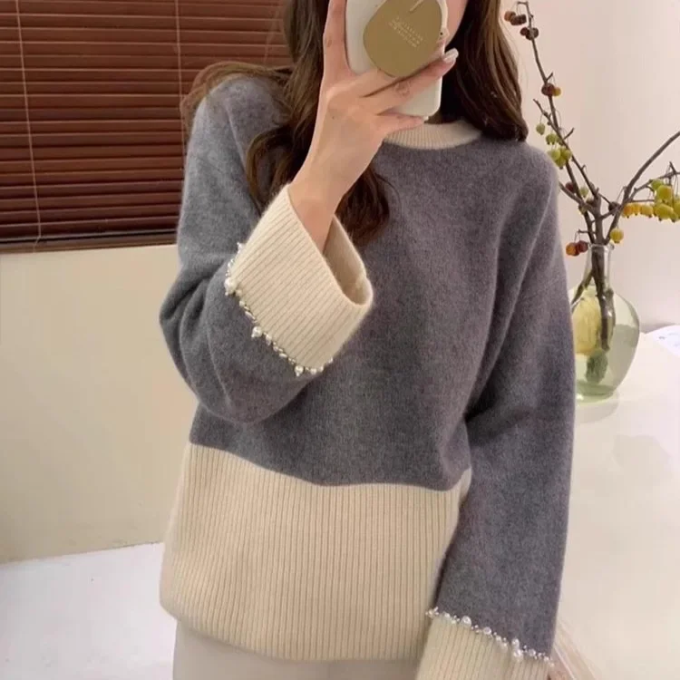 Винтажный свитер с цветными блоками женский дизайн чувственный рукав