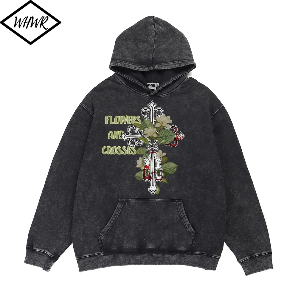 

WHWR Retro Washed Gothic Hoodies Cross Pattern Printed Pullover Sweatshirts Men's Streetwear Tops Winter Thick Warm Y2K Clothes