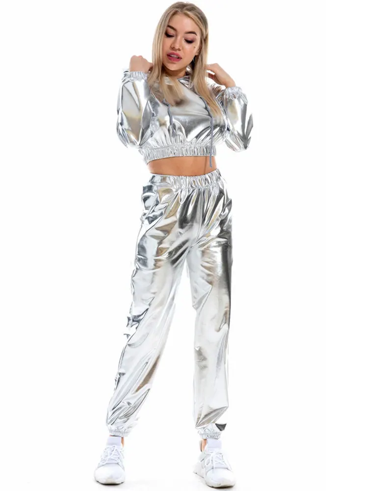 GACVGA 2024 New Shiny Long Sleeve Crop Tops Hoodies Sweatshirts And Trousers Women Stretchy Two Piece Pant Set
