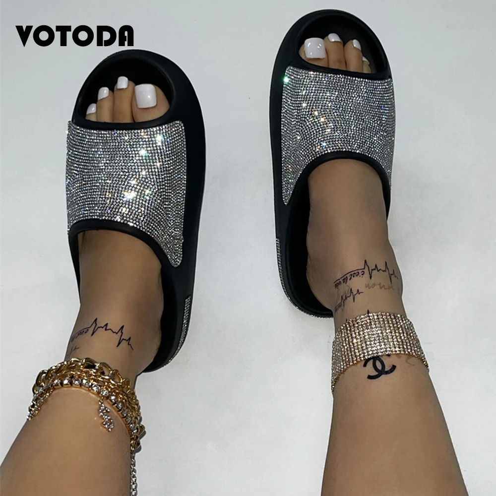 Summer Women Rhinestone Slippers Designer Bling Diamond Slides Platform Non-slip Outdoor Casual Shoes High-quality Flat Sandals