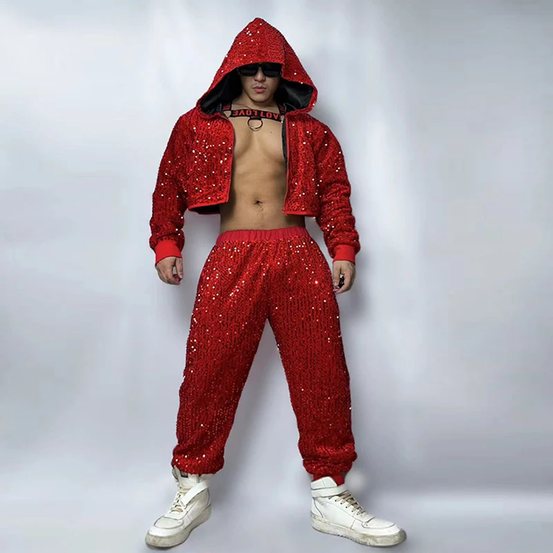 Красный вечерние костюм с блестками для рейва танцевальная одежда в стиле
