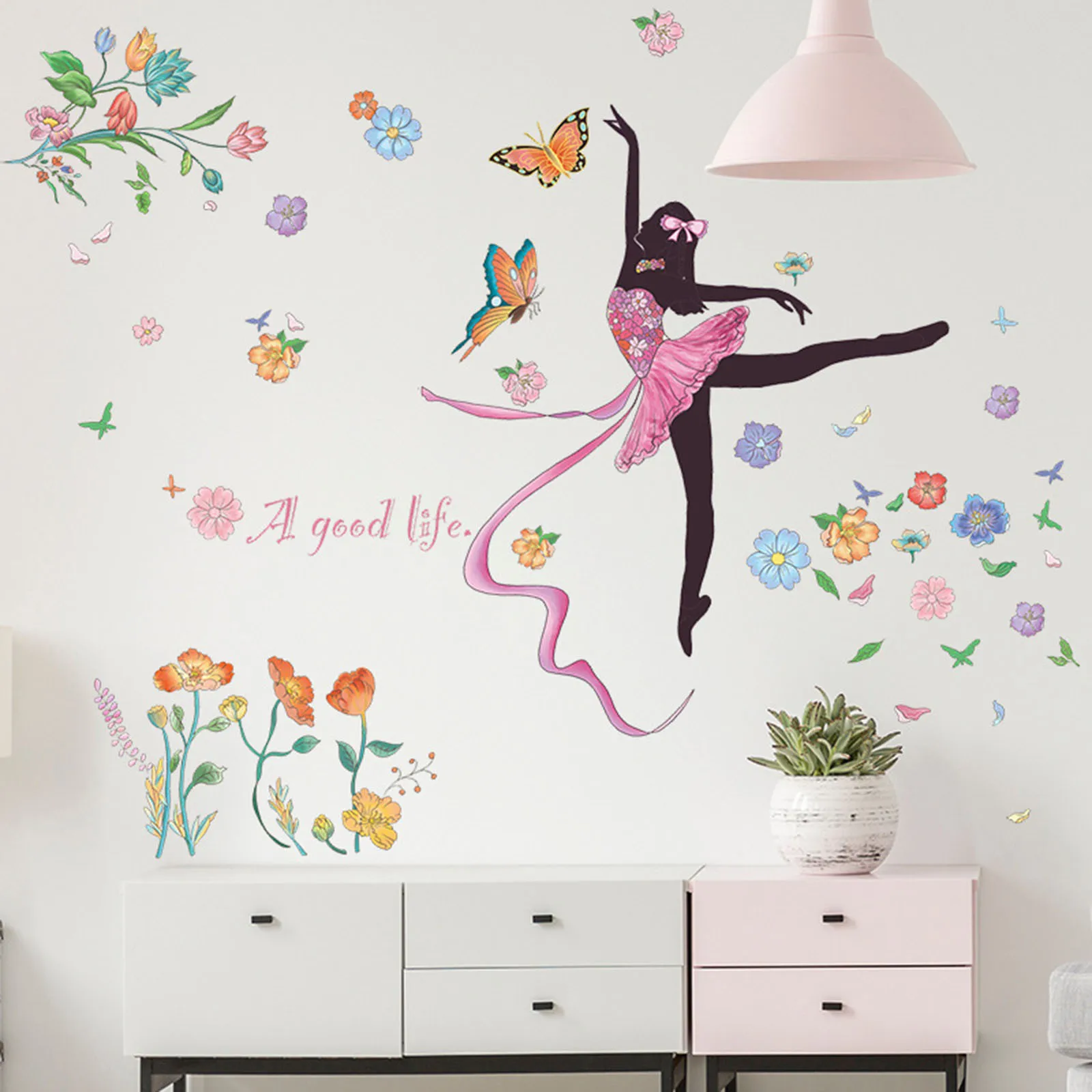 

Butterfly Flower Dancing Ribbon Girl Playing Bedroom Cute Vanity Decor for Girls Bedroom Door Sticker Yellow Birds Decoration