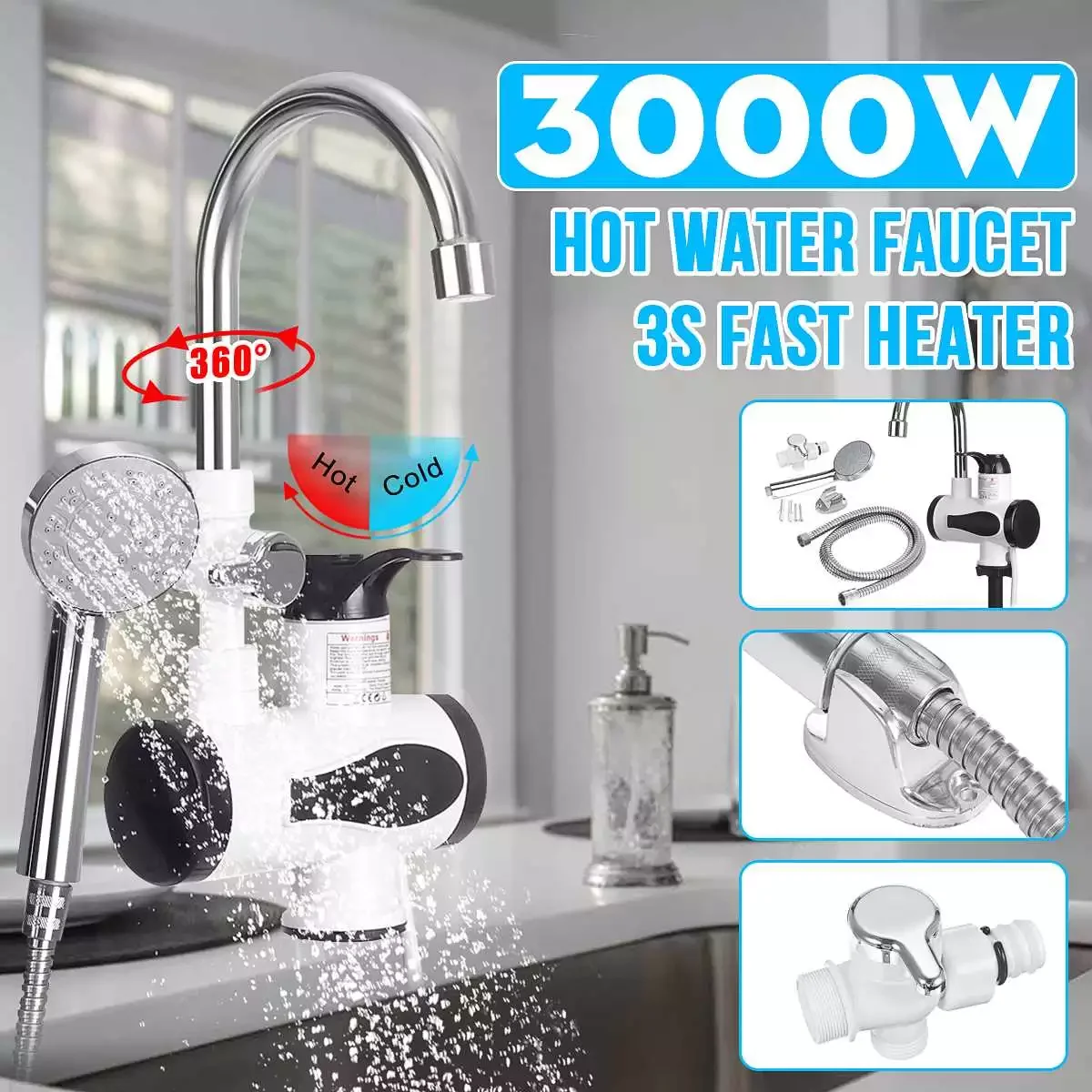

3000W Temperature Display Instant Hot Water Heater Faucet Kitchen Instantaneous Tankless Electric Cold Heating Tap Shower