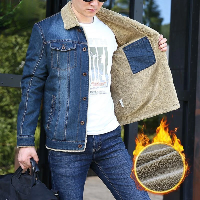 Outerwear Warm Denim Coats New Men Faux Fur Liner Thicker Winter Denim Jacket Coat Large Size 5xl E728