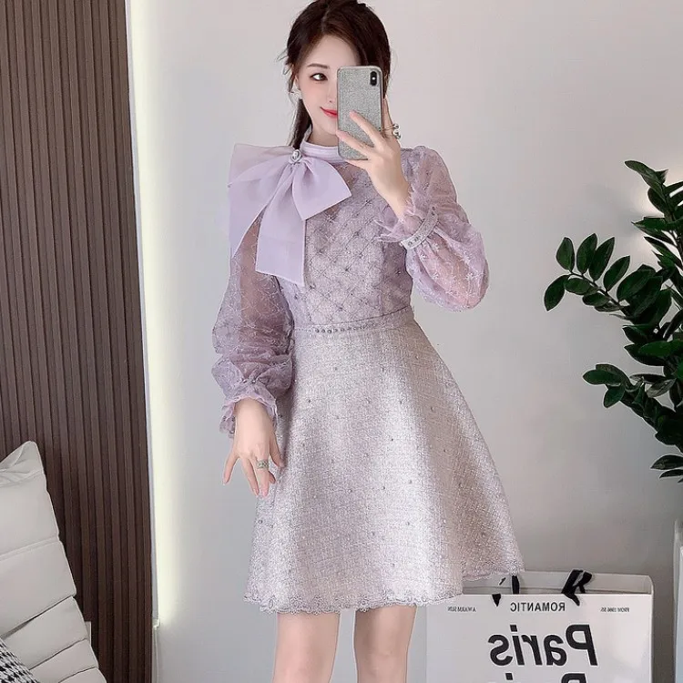 

Женское твидовое платье с бантом, роскошное подиумное дизайнерское винтажное платье-трапеция с узкой талией, расшитое бисером, с кружевом, ...