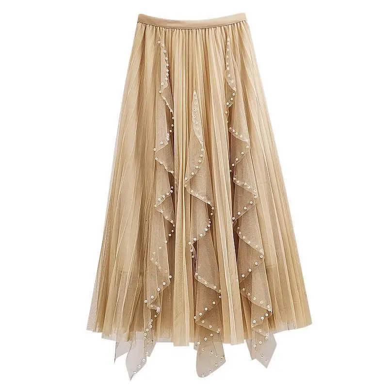 Mesh skirt winter  pin bead skirt women spring new pleated  long mesh  big swing skirt hot  vintage  bandage skirts  Casual