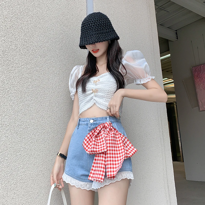 

2022 Spring Casual Women Denim Shorts Kawaii High Waist Lace Pants Female Sweet Loose Wide Leg Bow Jean Short Ropa Mujer