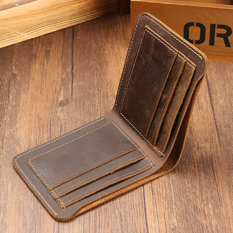 Top Grain Leather Wallet for Men Women Bifold Vintage Crazy Horse Leather Cards Holder Slim Front Pocket Wallet Short Purse