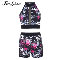 kids girls graffiti print sleeveless open back crop tops vest and shorts set fitness dance gym workout yoga outfits activewear