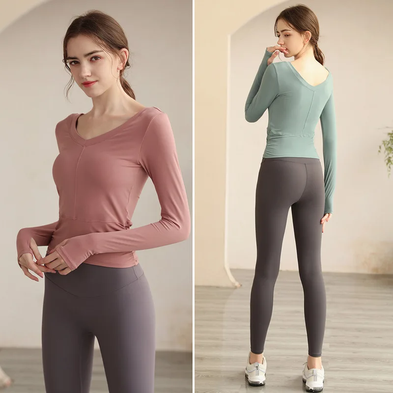 V-neck yoga top with breast pad, women's spring and summer long-sleeved high-end Pilates clothing, sports and fitness top sports
