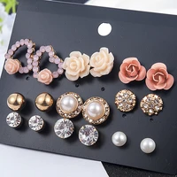 2022 new fashion women 9pairset flower pearl alloy ear earring cute crystal wedding jewelry gifts for girl