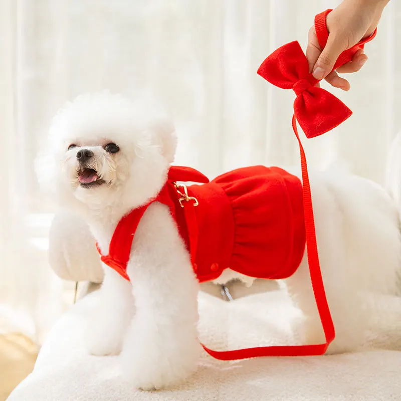 

Red Bow Tie Princess Dress Pet Dog Clothes Leash Velvet Clothing Dogs Super Small Cute Chihuahua Autumn Winter Girl Mascotas