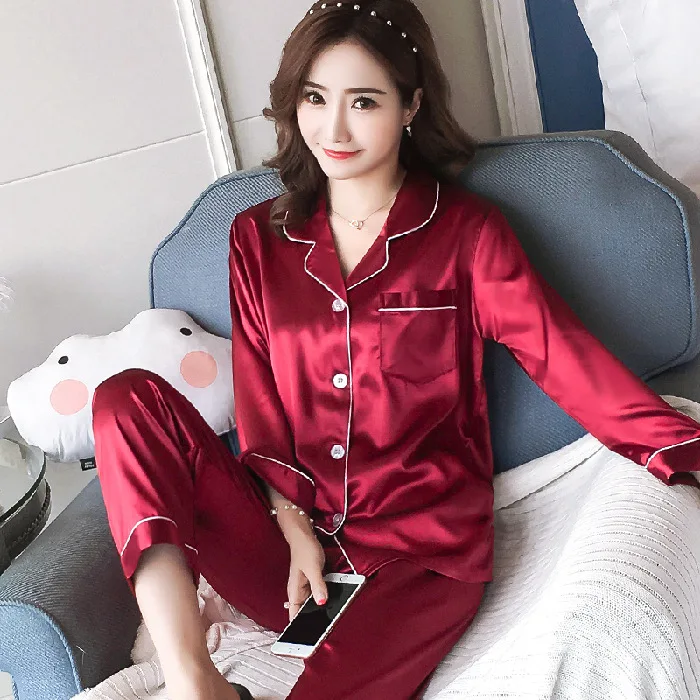 Womens Silk Satin Pajamas Pyjamas Set Sleepwear Pijama Pajamas Suit Female Sleep Two Piece Set Women's Loungewear Plus Size
