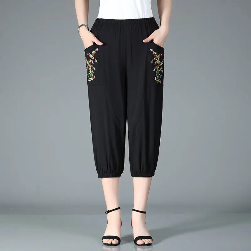 

Летние хлопковые капри для женщин среднего возраста 2022, женские укороченные брюки с высокой талией, прямые брюки до щиколотки P65