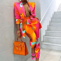 spring fashion office ladies tie dye set womens printing pantsuit casual slim blazer and pants suits set for women