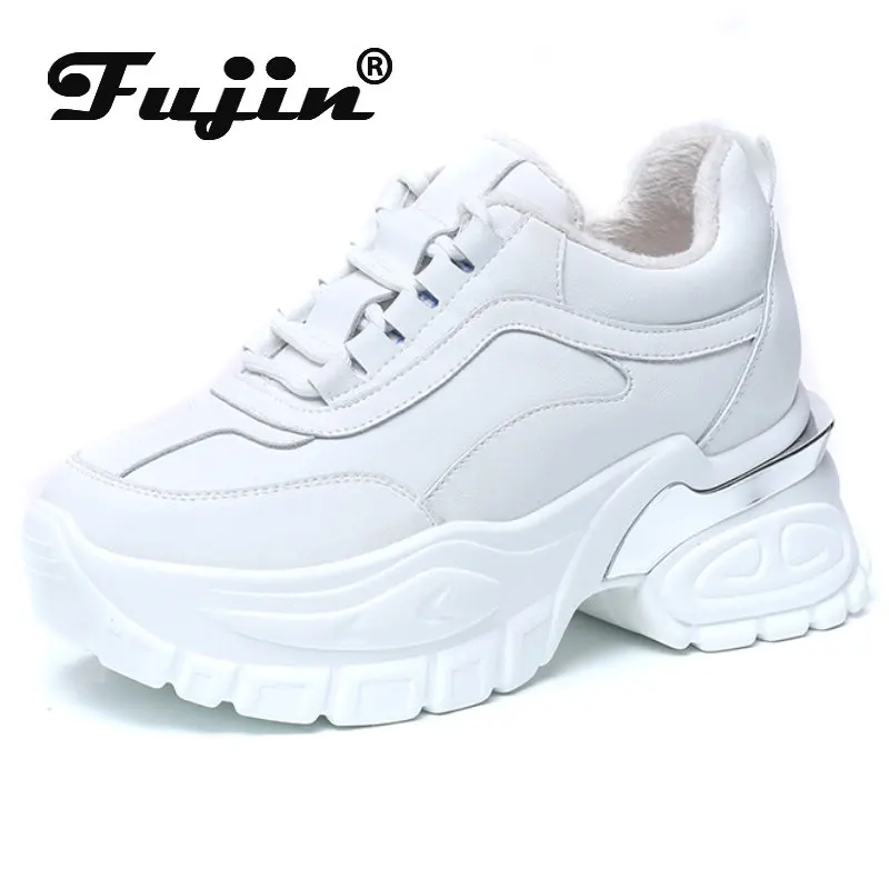 

Fujin 8cm Cow Genuine Leather Chunky Sneakers Wedge Platform White Casual Ladies Sneakers Autumn Spring Vulcanized Shoes Plush