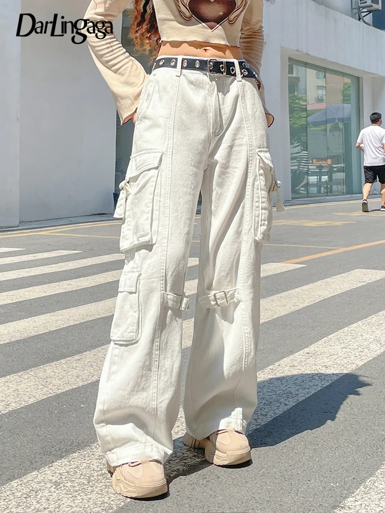 

Джинсы Darlingaga с большими карманами, уличная одежда, прямые повседневные мешковатые брюки с низкой посадкой, джинсовые брюки-карго, белого цв...