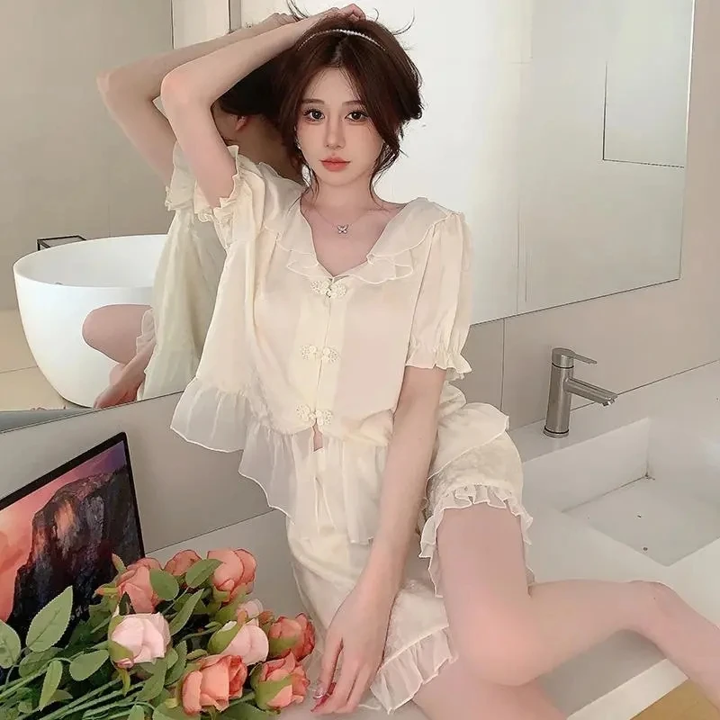 

Пижамный комплект женский из 2 предметов, милая шелковая ночная рубашка в Корейском стиле, шорты с коротким рукавом, костюм для молодых девушек, домашняя одежда, лето 2023