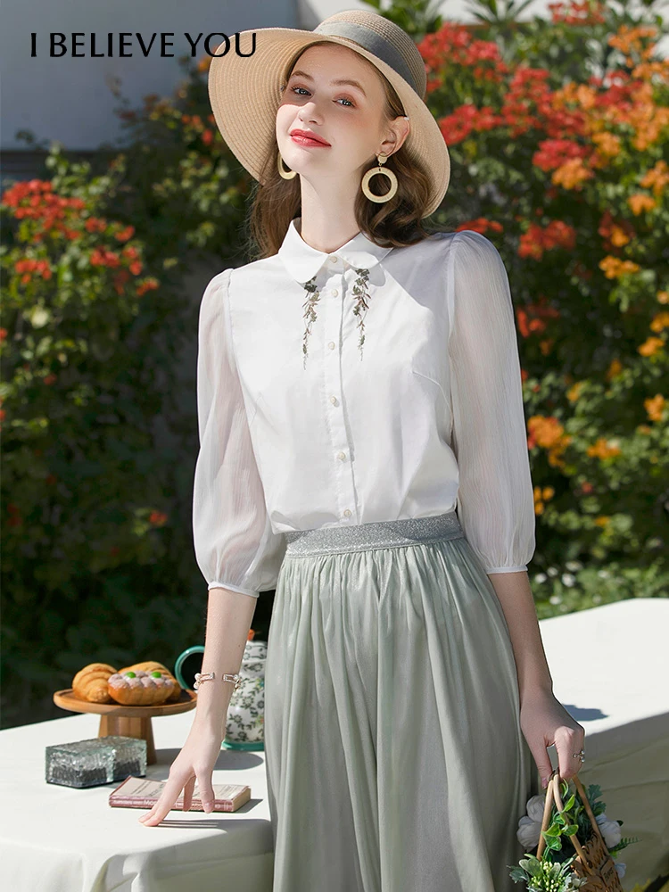 

I BELIEVE YOU Spring Women's Shirt Doll Collar Puff Sleeves Blouse Chic Embroidery Satin Fabric Female Clothing 2221054277