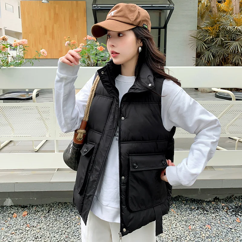 GRELLER 2023 Winter Women Vest Coat Stand Collar Big Pocket Sleeveless Thicken Warm Padded Waistcoat Female Casual Vest Jacket