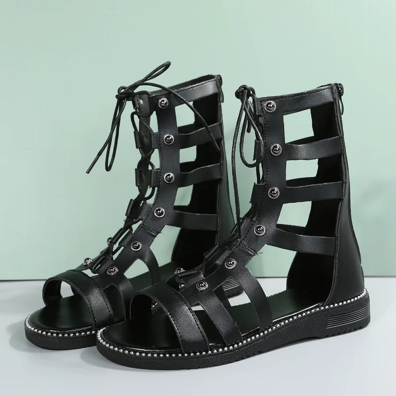 Fashionable Gladiator Sandals For Women Studded Decor Lace-up Front Zipper Back Flats Sandals Retro Casual Summer High top Shoes