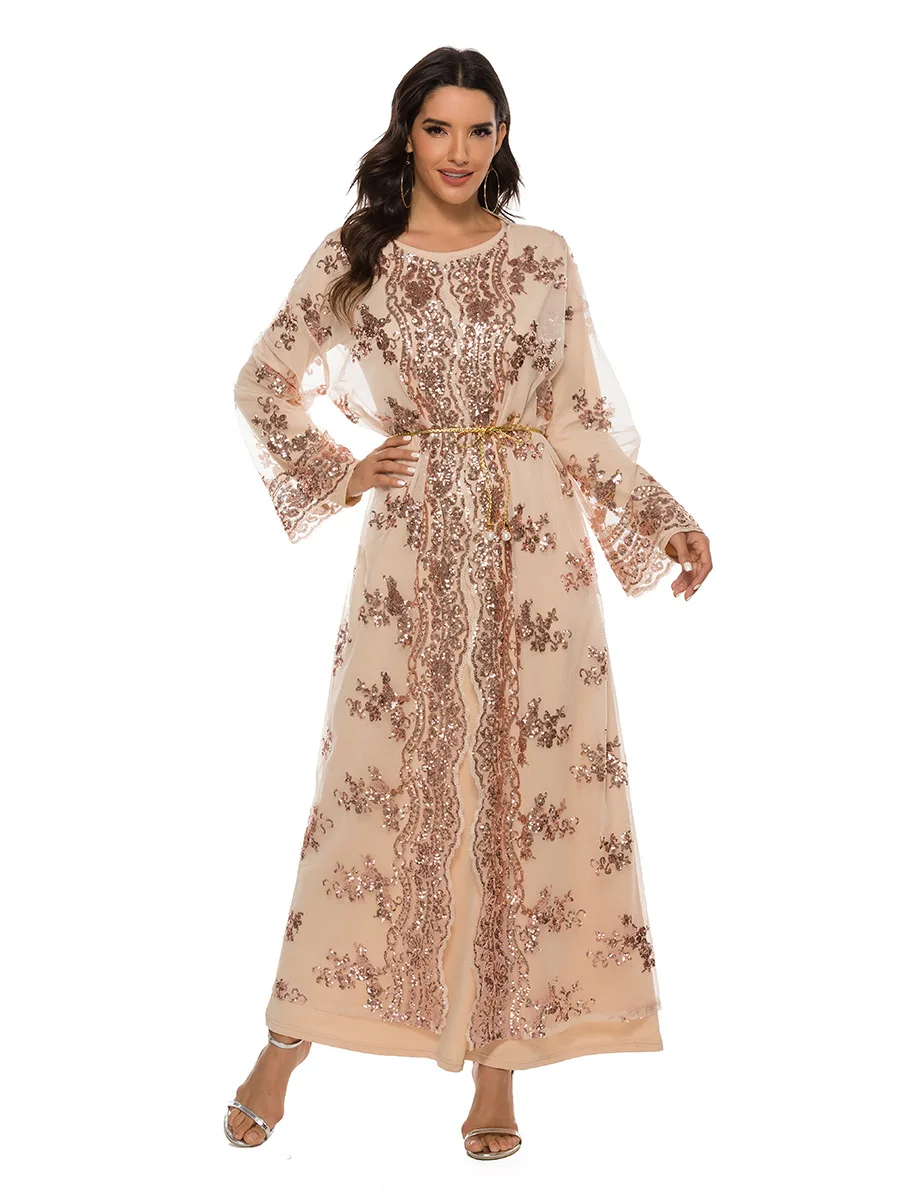 мусульманские платья платья женские модные Женское платье с вышивкой и круглым вырезом, с блестками