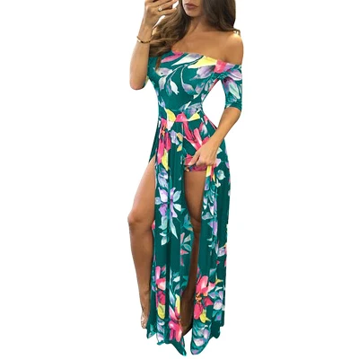 

Women Dresses Summer Ankle-Length Long Dress Female Floral Print High Slit Bohemian Maxi Dress Beachwear Lady Vestidos