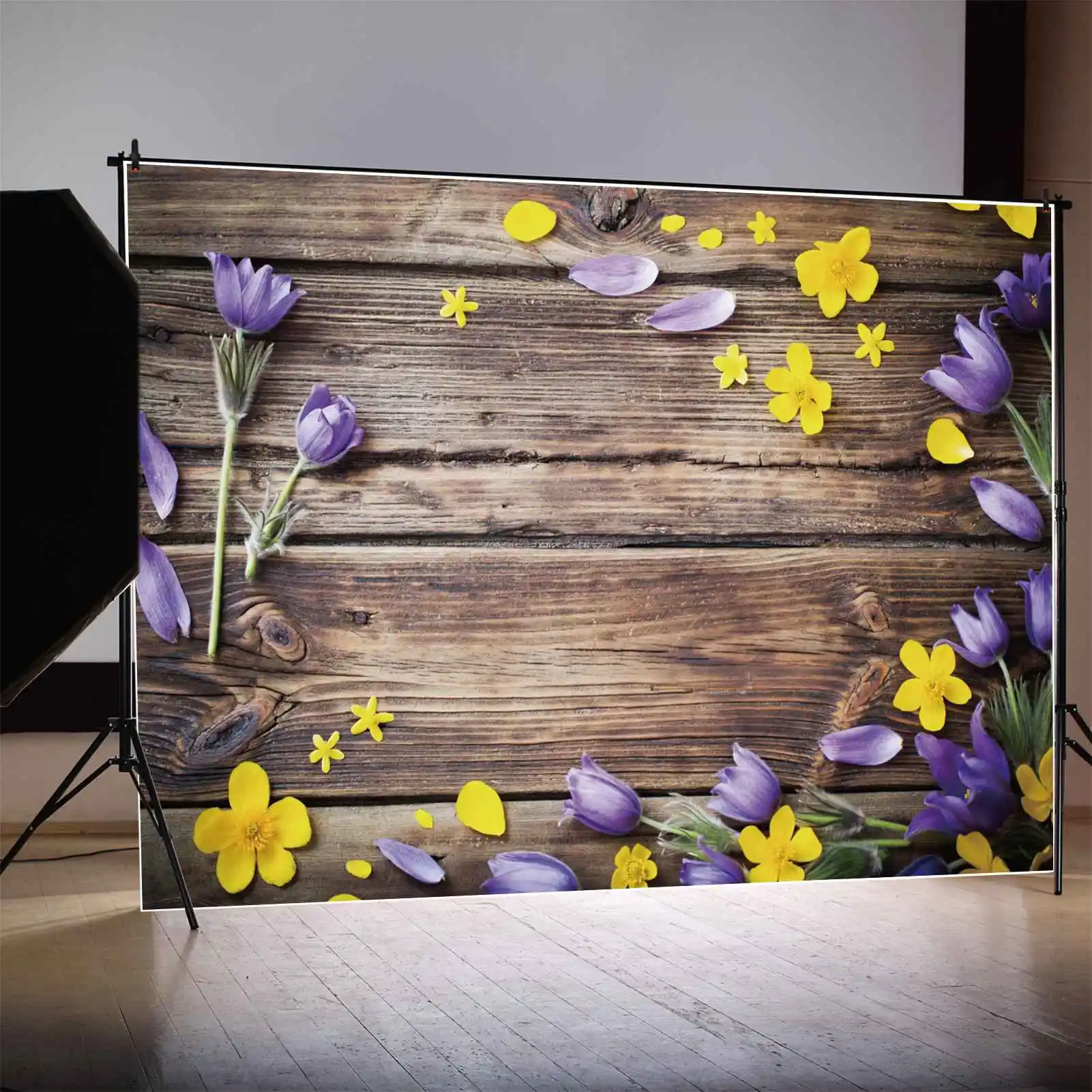 

Purple Flowers Brown Wooden Board Photography Backdrops Spring Yellow Floral Bouquet Plank Party Custom Baby Photo Backgrounds