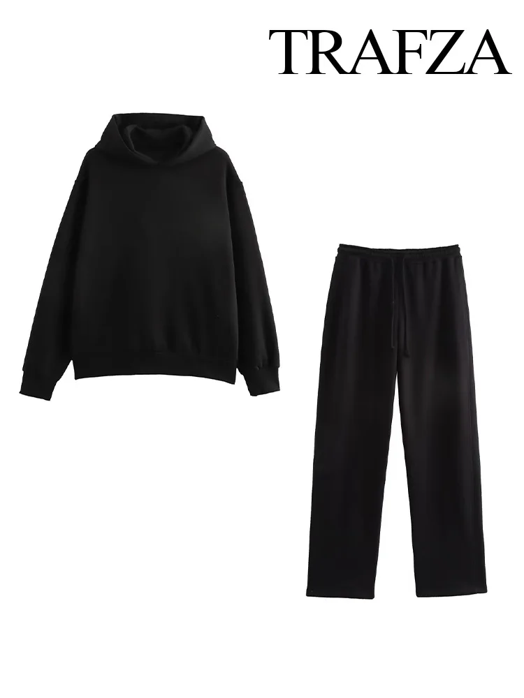 TRAFZA женские модные брючные костюмы трендовый однотонный свитшот с капюшоном топ