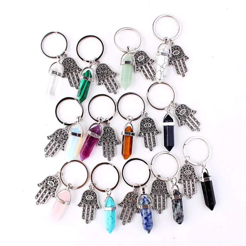 

Fashion Crystal Pendant Multi-color Keychain Hand of Fatima Natural Hexagonal Column Stone Keyring Women Men Party Jewelry Gift