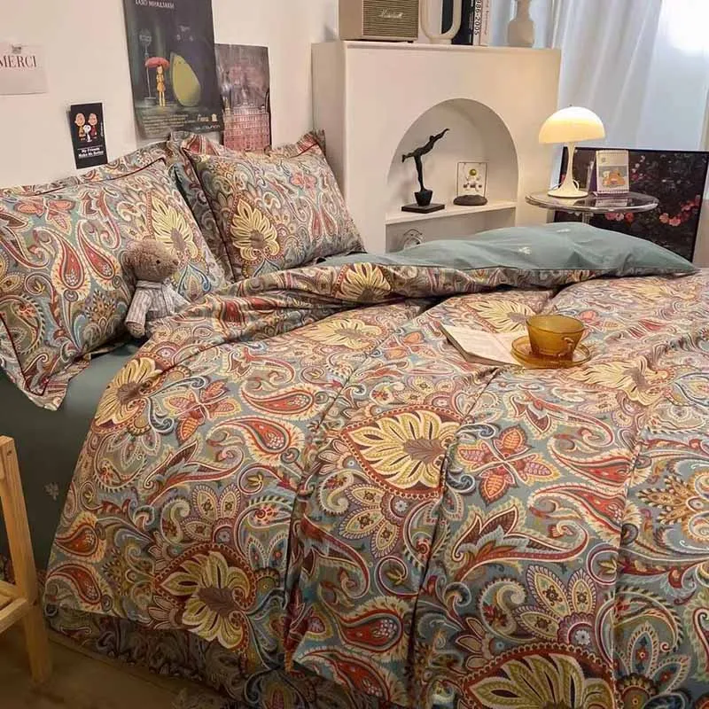 

Euro Style Vintage Color Paisley Pattern Sheet Pure Cotton 4piece Set Duvet Cover Twill Linens Bedding Set Double Bed Sheet