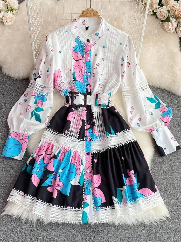 

Bohemian Runway Flower Mini Dress Women Long Lantern Sleeve Lace Trims Floral Print Elegant Sashes Holiday Robe Vestidos N3985