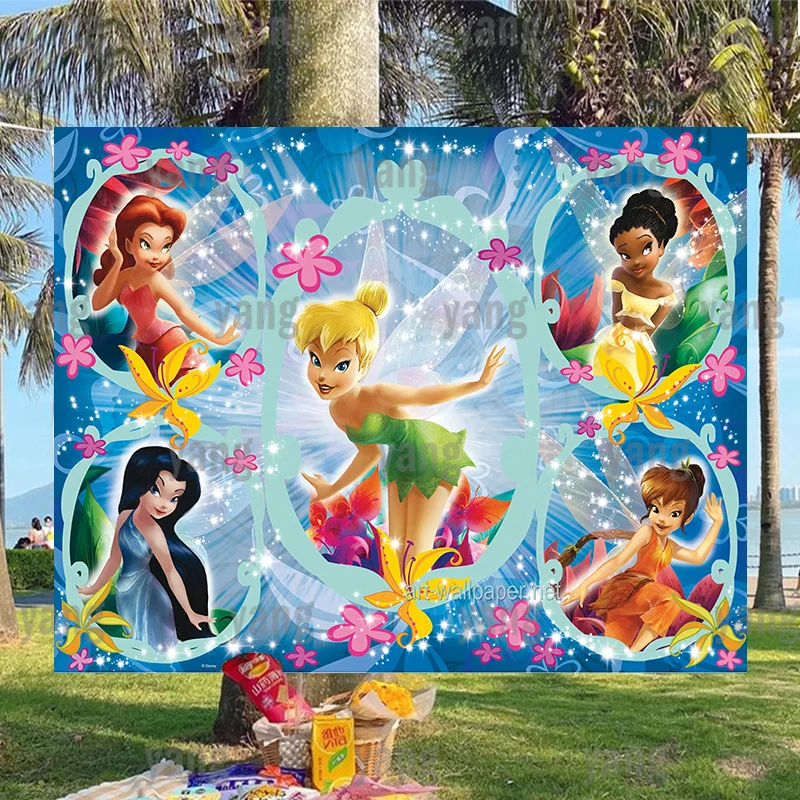 

Cartoon Disney Tinker Bell Romantic Background Cute Girls Birthday Party The Five Fairy Princesses Decoration Backdrop Cloth