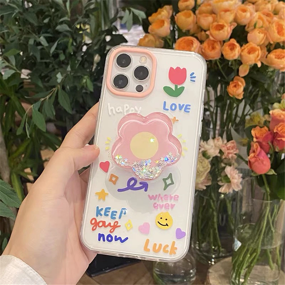 

Korean Cute Flower 3D Quicksand Bracket Phone Case for IPhone 11 12 13 Pro Max Mini X XR XS 7 8 Plus SE Soft Shockproof Cover