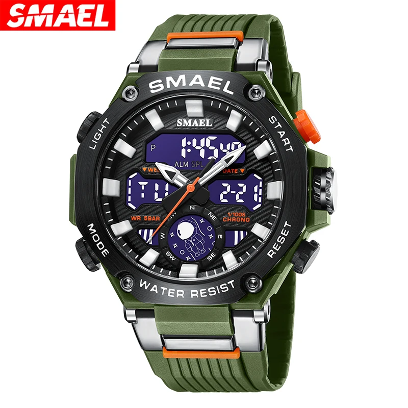 

Мужские спортивные военные часы SMAEL, новые спортивные часы с большим циферблатом, водонепроницаемые светодиодные цифровые часы с двойным дисплеем, 2022