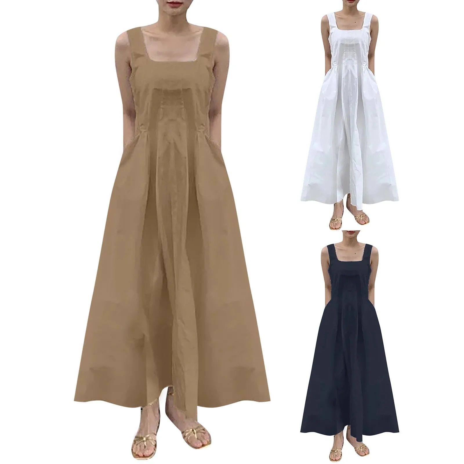 

Женское длинное платье в полоску, свободное Повседневное платье для матери невесты с квадратным вырезом и карманами, без рукавов, на бретелях, лето