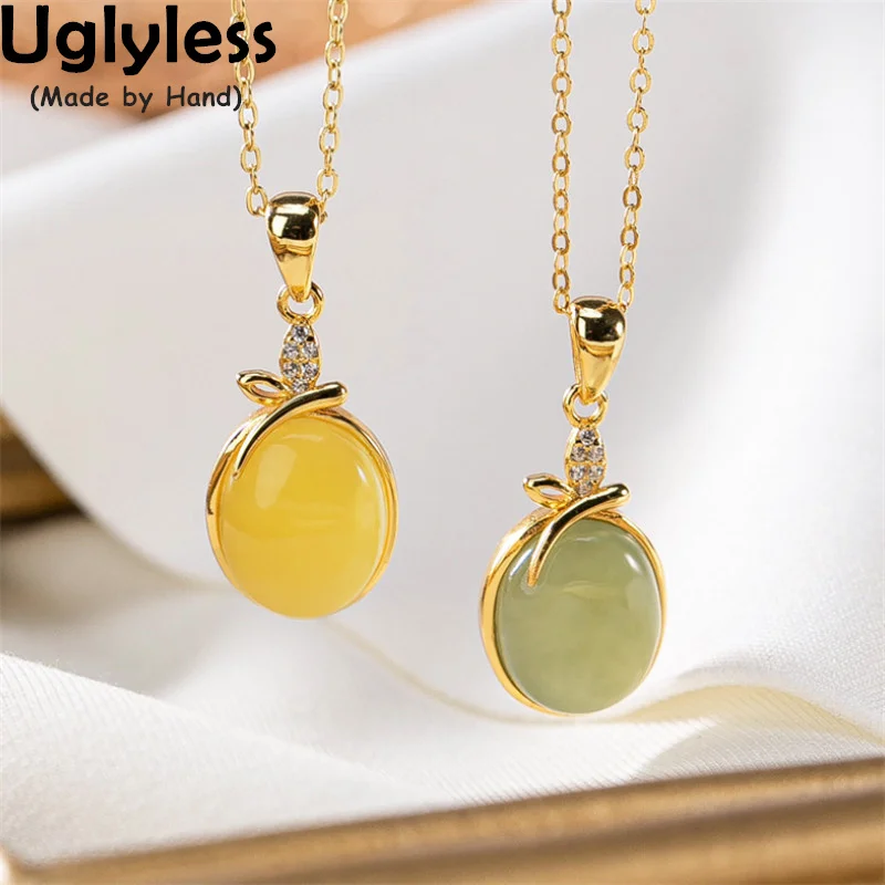 

Uglyless Simple Geometric Gemstones Jewelry for Women Natural Jade Amber Beeswax Pendants Necklaces 925 Silver Crystals NO Chain