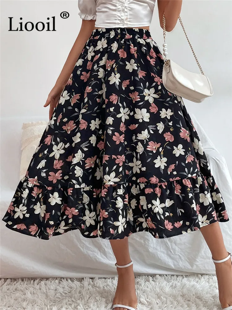 

Liooil Sexy Floral Print Skirt Big Swing Women High Waist Streetwear 2022 Summer Bohemian Holiday High Waist Beach Midi Skirts