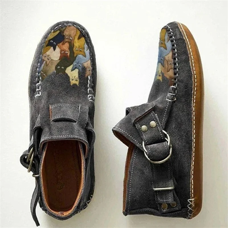 2023 Winter New Female Comfort Cartoon Cat Printed Leather Flat Ankle Boots Button Casual Botas De Mujer Botas for Women