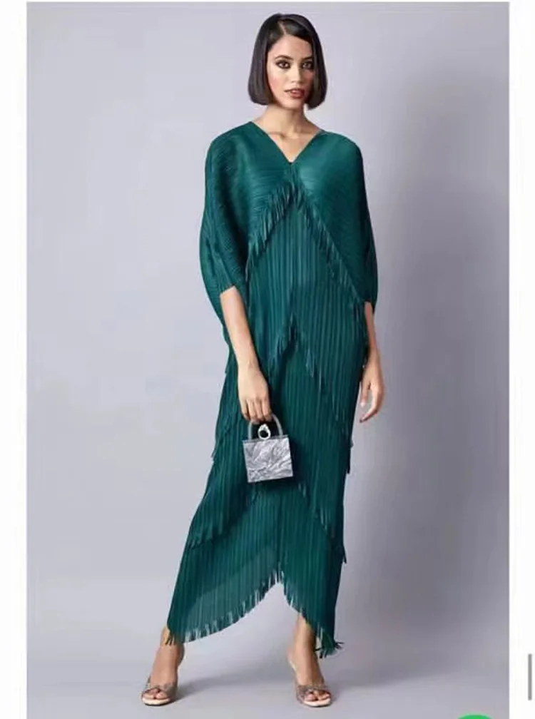 YUDX Pleated Dress Woman Tassel Batwing Sleeve Loose Casual Style V Collar Long Dresses 2023 Summer Fashion Fast Delivery
