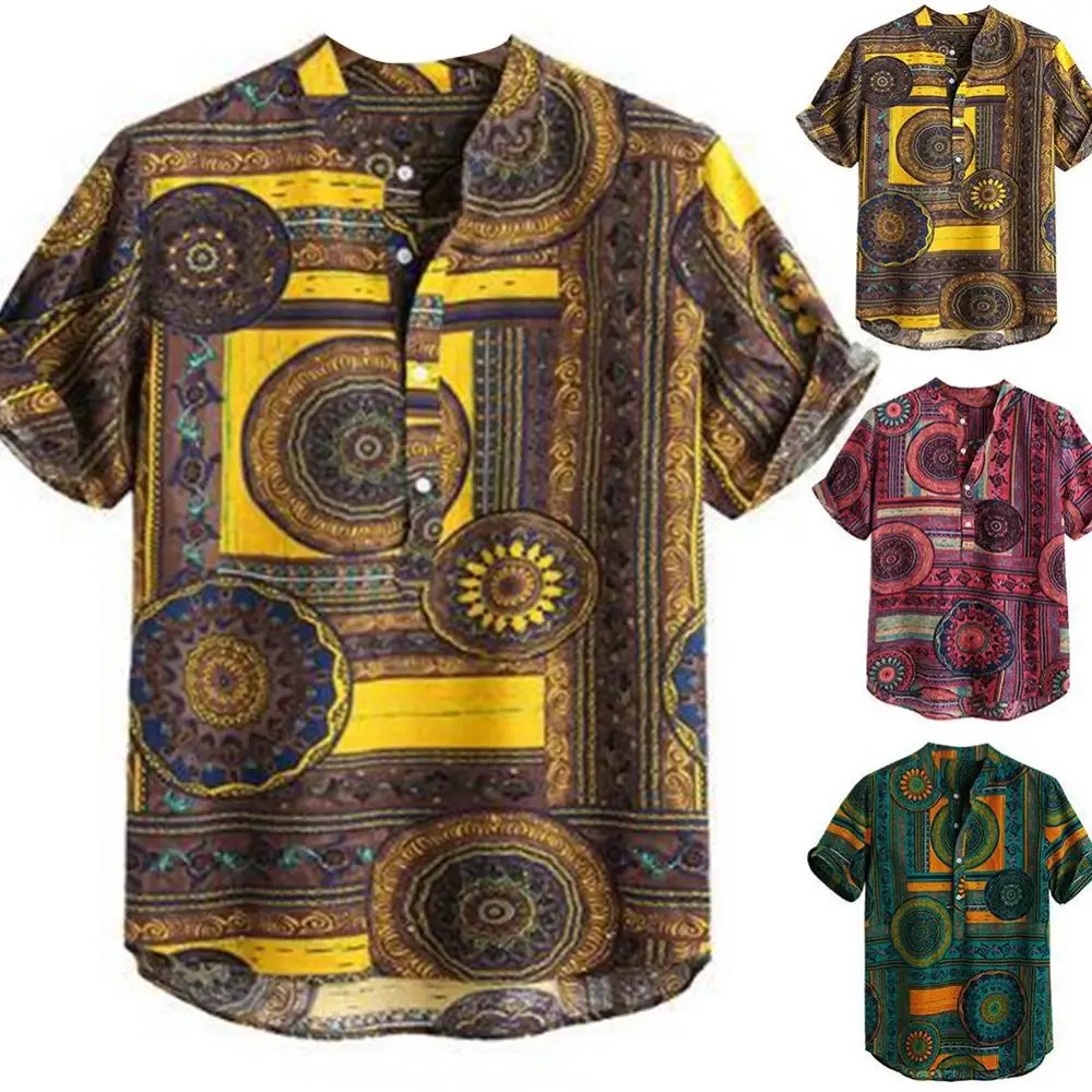 

Summer Men Color Ethnic Geometry Print Short Sleeve Pullover Quality Casual Shirt Male Social Business Button Down Shirts