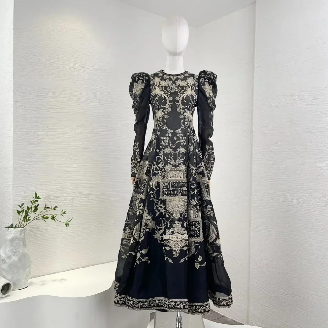

2023 Linen Silk Latest Collection High Quality Black Vintage Luxury Embroidery Waist Long Puff Sleeve Women Midi Dress