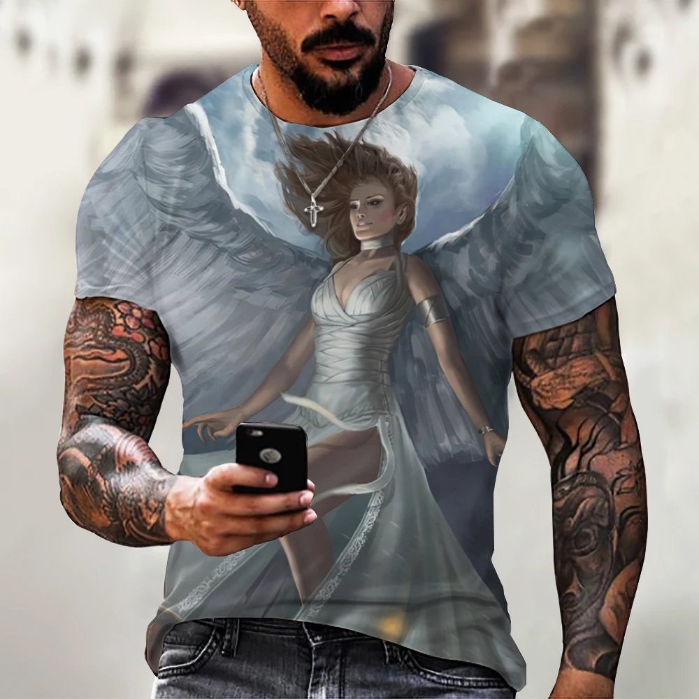 

Футболка с 3D принтом ангела, Повседневная Свободная футболка, креативная дышащая футболка, черная рубашка в стиле хип-хоп, летние топы для м...