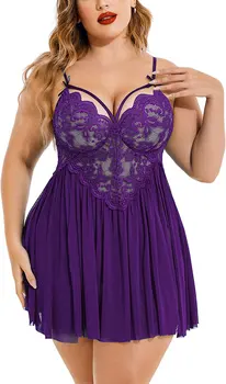 HMCN Plus Size Lingerie Lace Babydoll Womens Strap Chemise Nightgown V Neck Nighty Mesh Sleepwear Side Slit Nightdress（Purple，L) 1