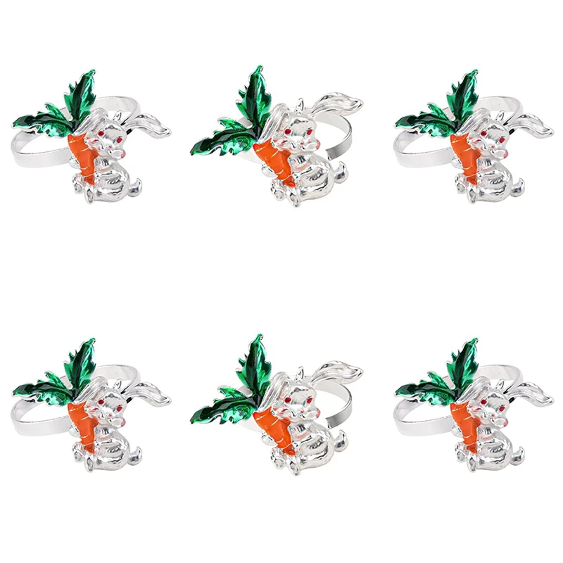 

6 Pieces Easter Bunny Napkin Rings Silver Rabbit Napkin Buckle with Carrot Metal Napkin Ring Holders Kitchen Decor
