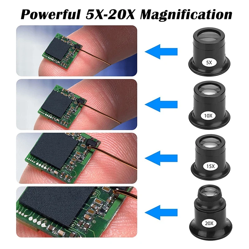 4PCS Loupe Eyeglass Magnifiers Set 5X 10X 15X 20X Watch Repair Loupe Magnifier Set Magnifying Glass For Watch Jewellery