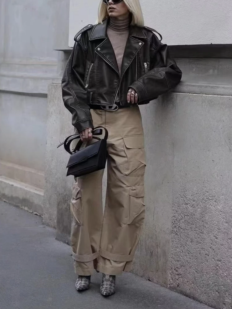 Brown Women's Autumn Faux leather jacket Korean style Short Zipper motorcycle jacket PU coat Female Clothing 2023 INKEO 3O077