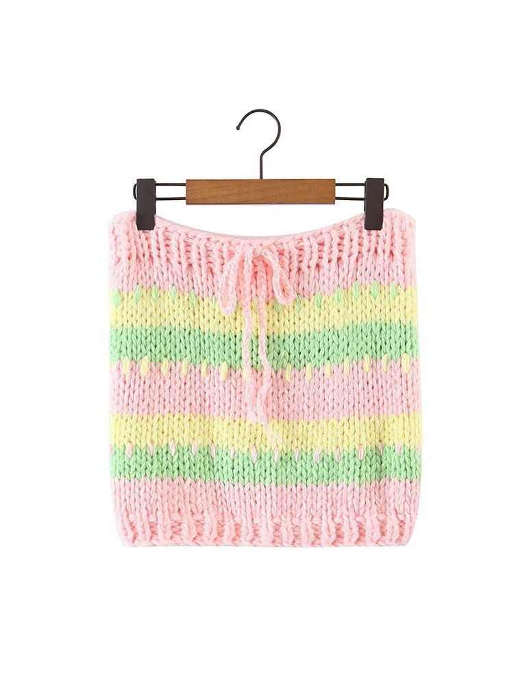 

YENKYE 2022 Boho Drawstring Waist Colored Striped Hand Crochet Mini Skirt Women Bodycon Package Hips Skater