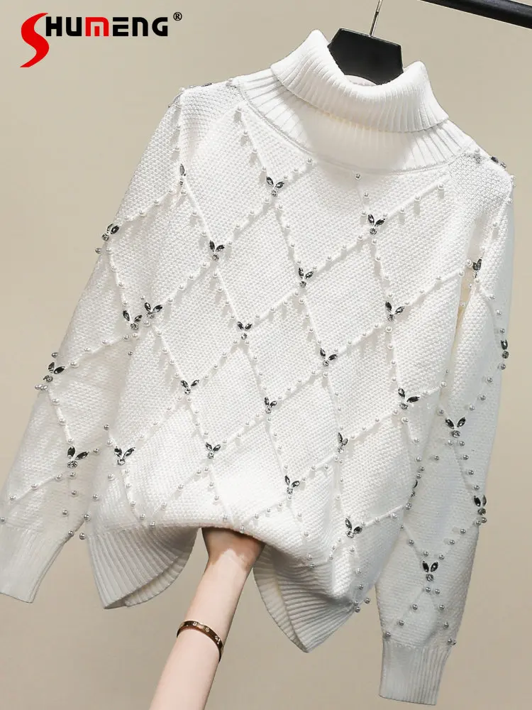 Women's Turtleneck Rhombus Pullover Sweater 2022 Winter New Vintage Rhinestone Beaded Plaid Long Sleeve Warm Bottoming Knitwear
