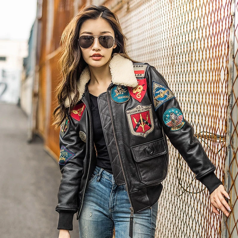 Dark Brown TOP GUN Maverick G1 Jacket Women Military Style Natural Thick Cowhide Winter Warm Aviator Genuine Leather Coats